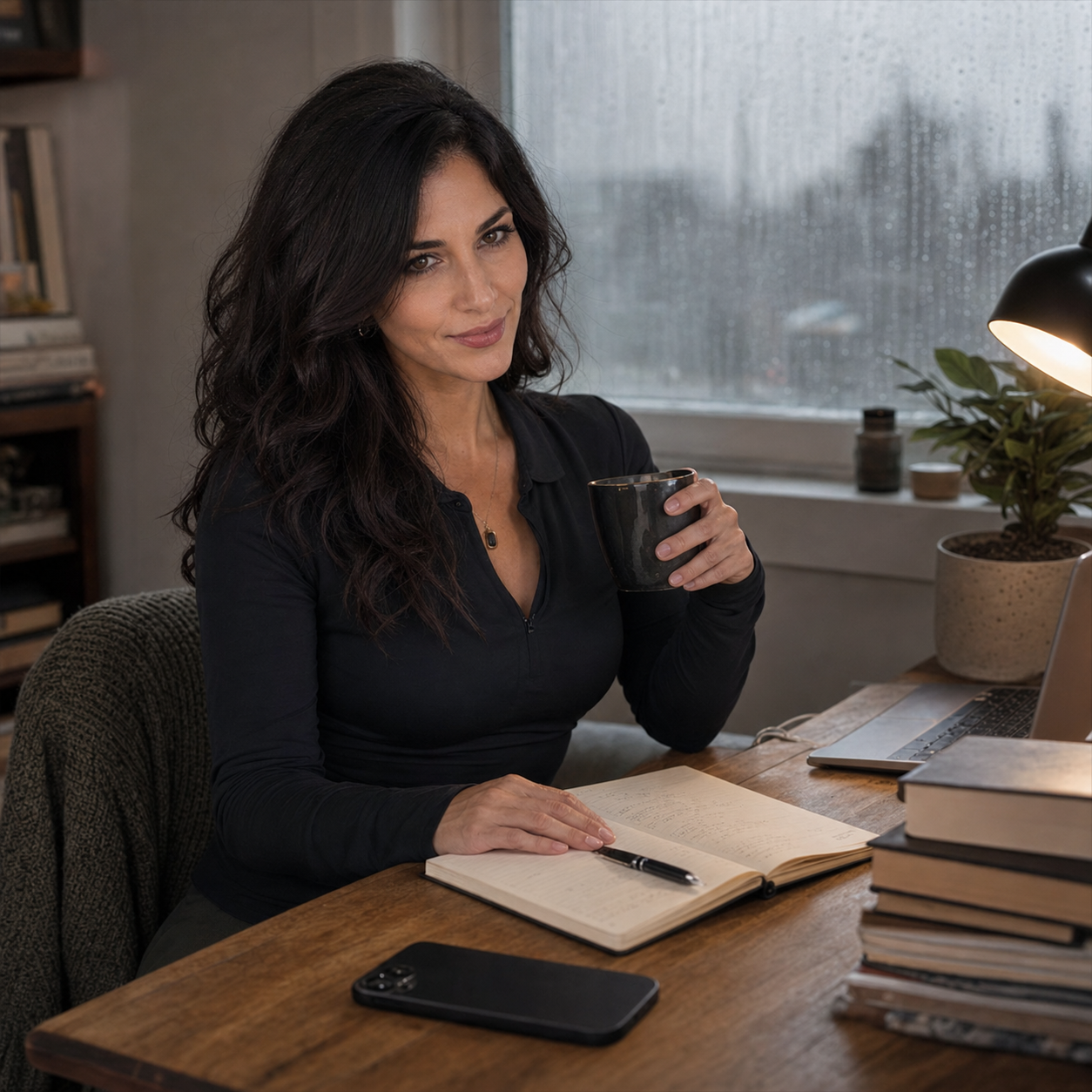 Nyra Somata at a rain-lit Monday writing desk with coffee, planner, notebook, books, and a phone turned facedown, giving a skeptical amused look.