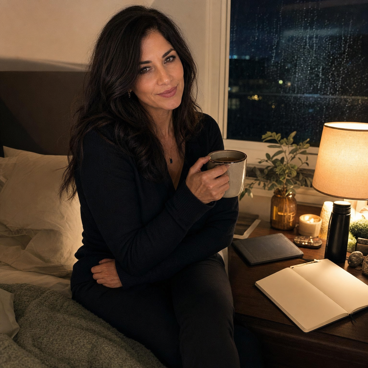 Nyra Somata sitting beside a rain-dark bedroom window at night with a warm bedside lamp, tea, an e-reader, and a notebook, giving a tired amused look.