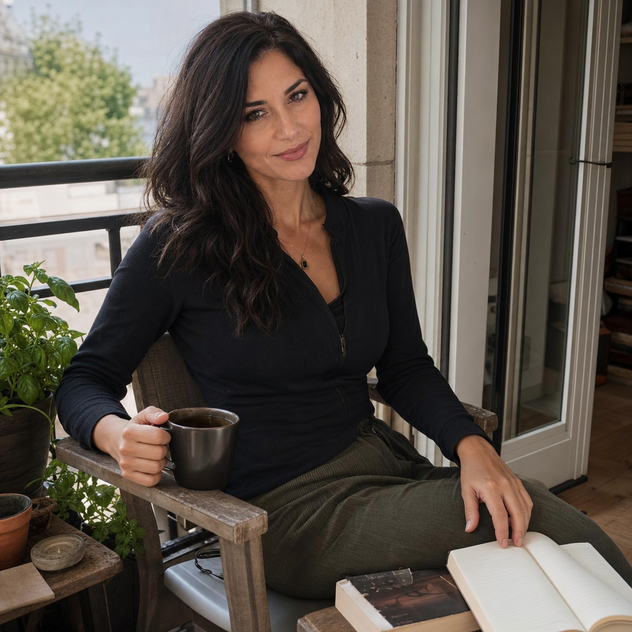Nyra Somata on a small morning balcony with coffee, a paperback, a notebook, plants, and a half-open door behind her, giving a skeptical playful look.