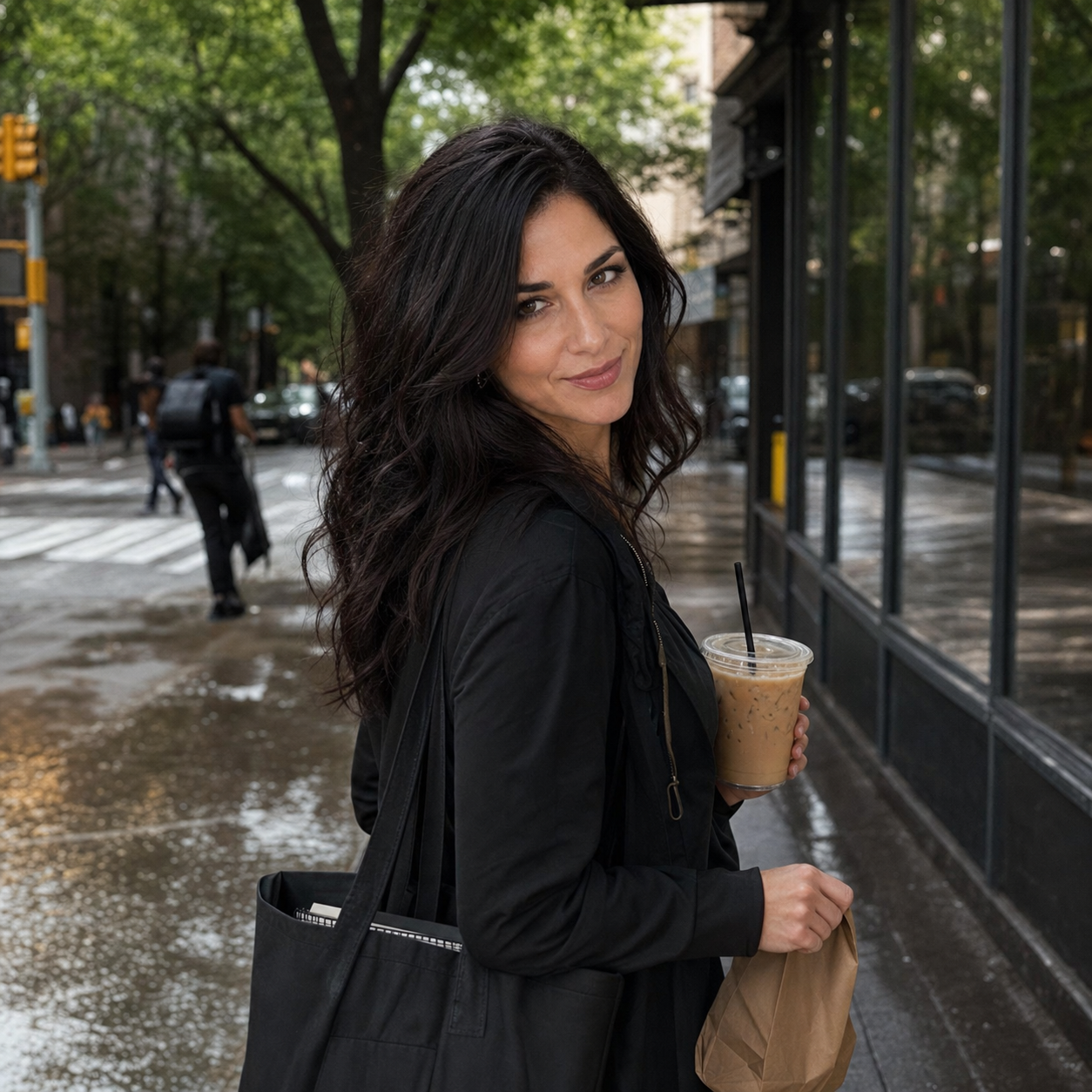 Nyra Somata on a post-rain city sidewalk with wet pavement, iced coffee, a bakery bag, and a tote with a notebook, looking back with a playful conspiratorial smirk.