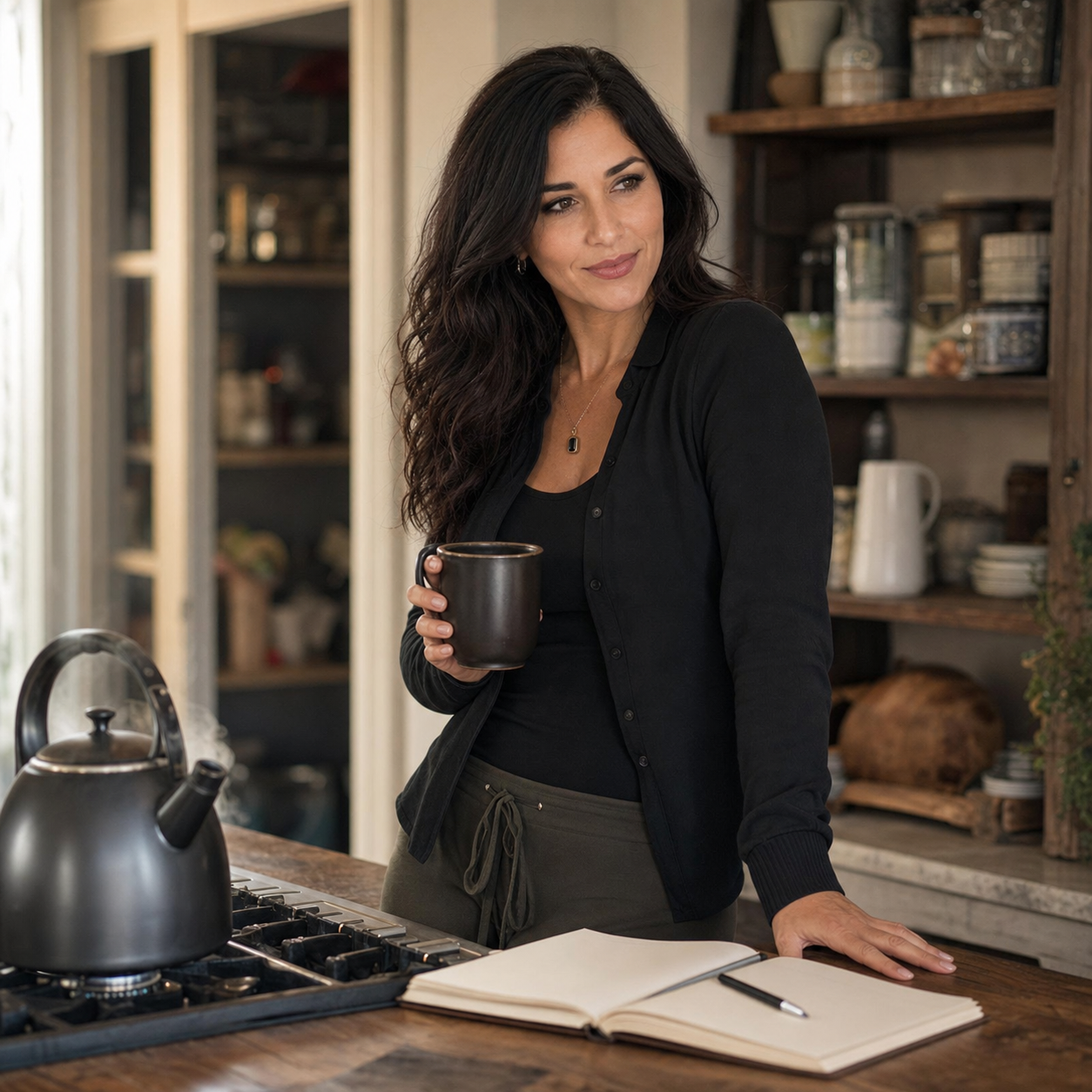 Nyra Somata leaning against a morning kitchen counter beside a kettle, coffee mug, and open notebook, looking skeptical and amused while keeping one hand near the door-side counter.
