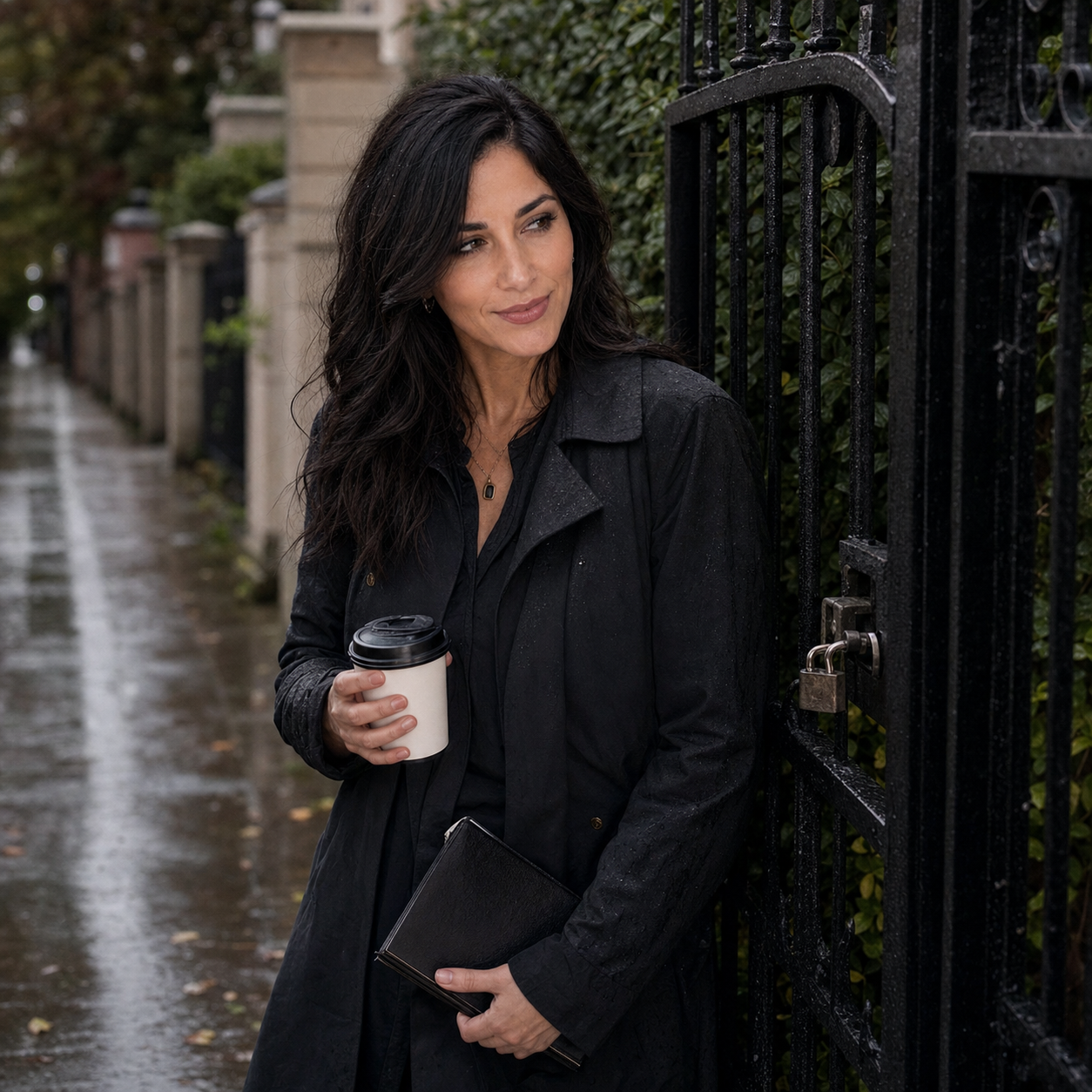 Nyra Somata on a rain-damp Sunday sidewalk beside a locked garden gate, holding coffee and a small notebook, looking amused and guarded in a dark coat.