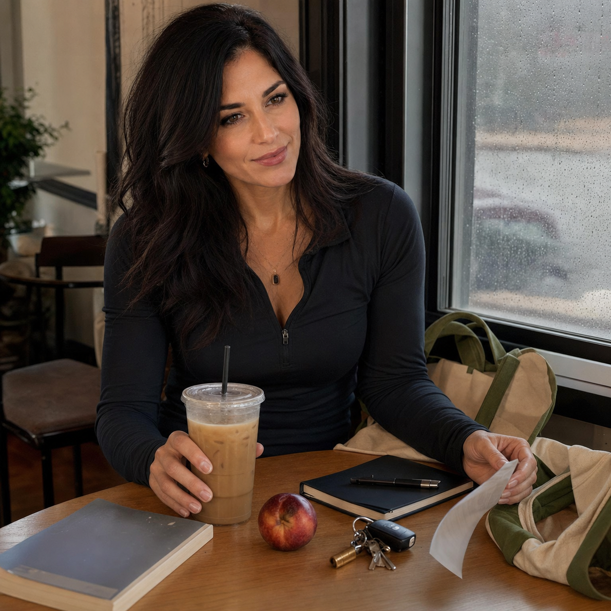 Nyra Somata at a small table after errands with iced coffee, a tote bag, paperback, grocery receipt, notebook, and a bruised peach, giving an amused skeptical look as storm light comes through the window.