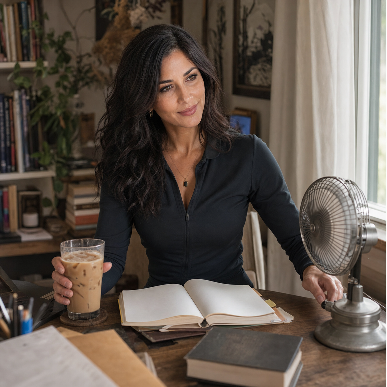Nyra Somata seated at a humid writing desk with a small fan, iced coffee, notebook, bookmarks, and a face-down paperback, giving a restrained amused look in soft window light.