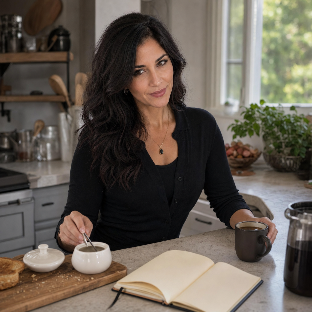 Nyra Somata half-turned at a humid morning kitchen counter with coffee, a white sugar bowl, a tiny spoon, and an open blank notebook, giving a restrained conspiratorial smirk.