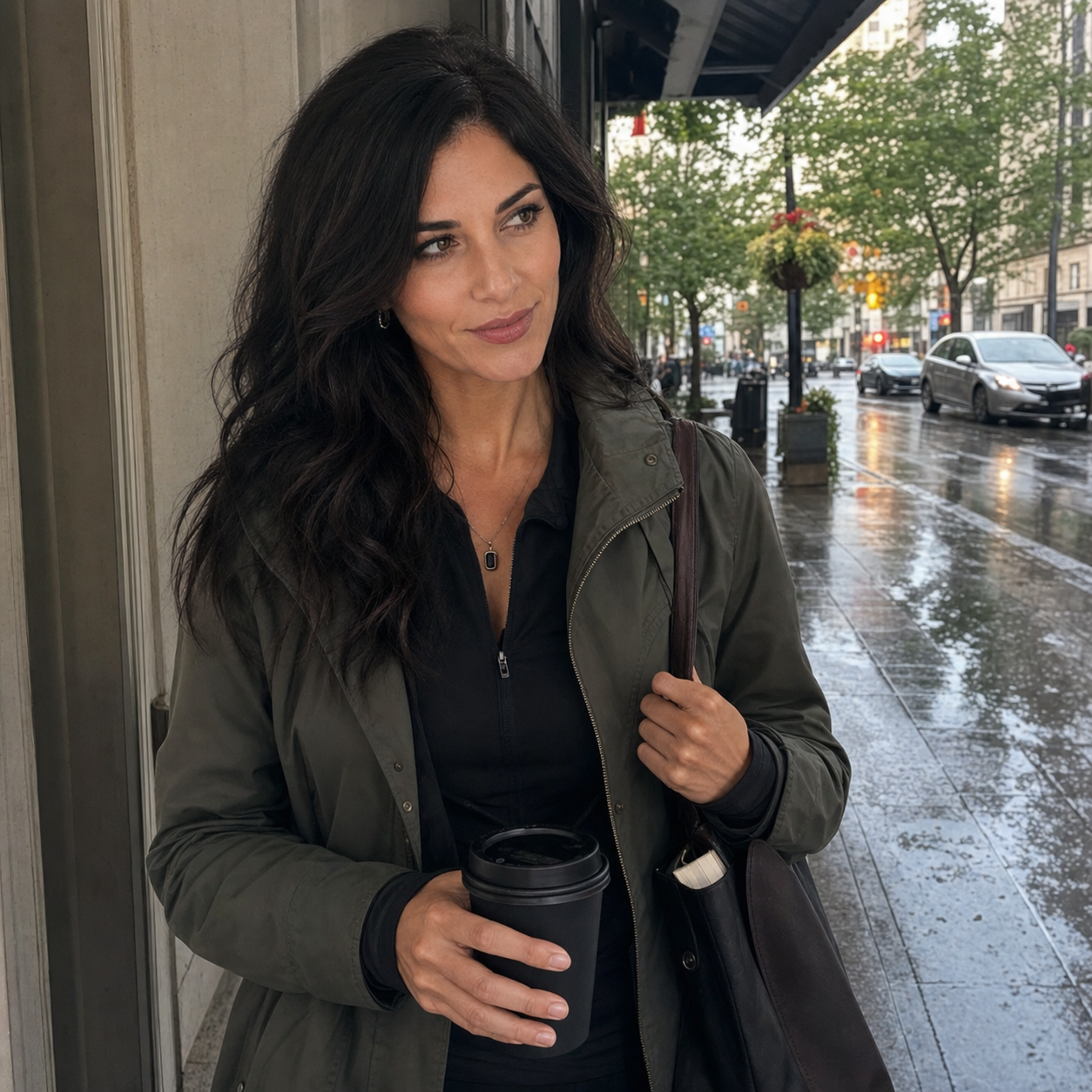 Nyra Somata under a rainy city awning with wet pavement behind her, holding coffee and a dark tote with a notebook, giving a skeptical amused side glance in an olive raincoat.