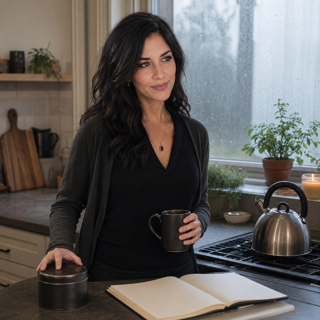 Nyra Somata in a rain-gray kitchen beside a tea tin, mug, kettle, and notebook, wearing a dark top and giving a restrained skeptical smirk.