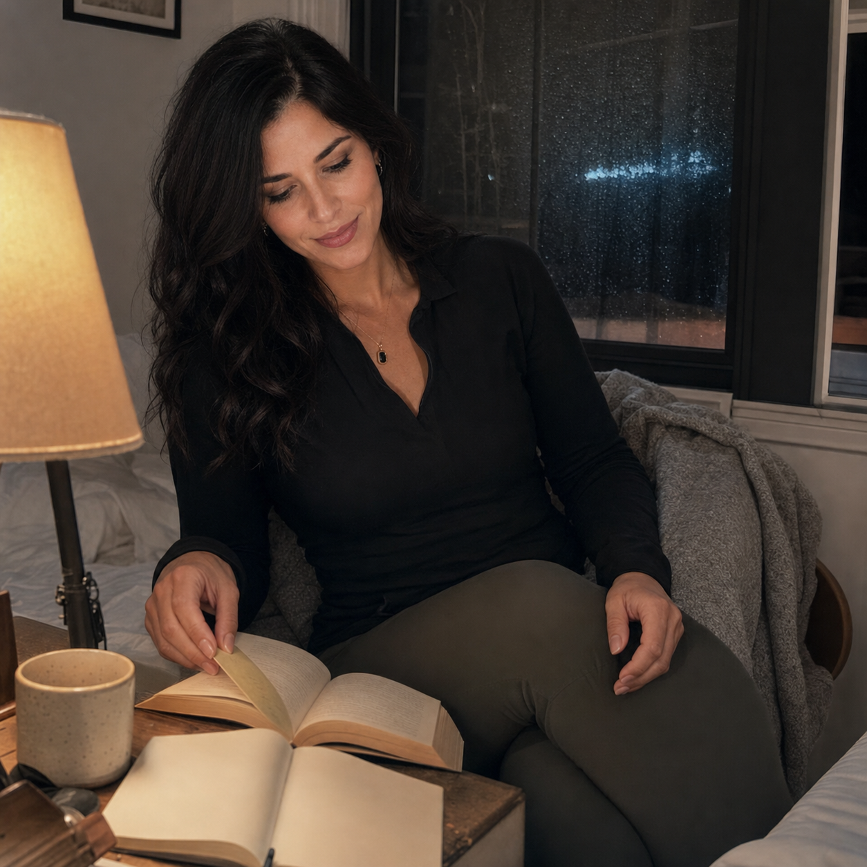Nyra seated in a dim late-night reading corner, placing a bookmark in an open paperback beside a lamp, mug, notebook, and rain-dark window.