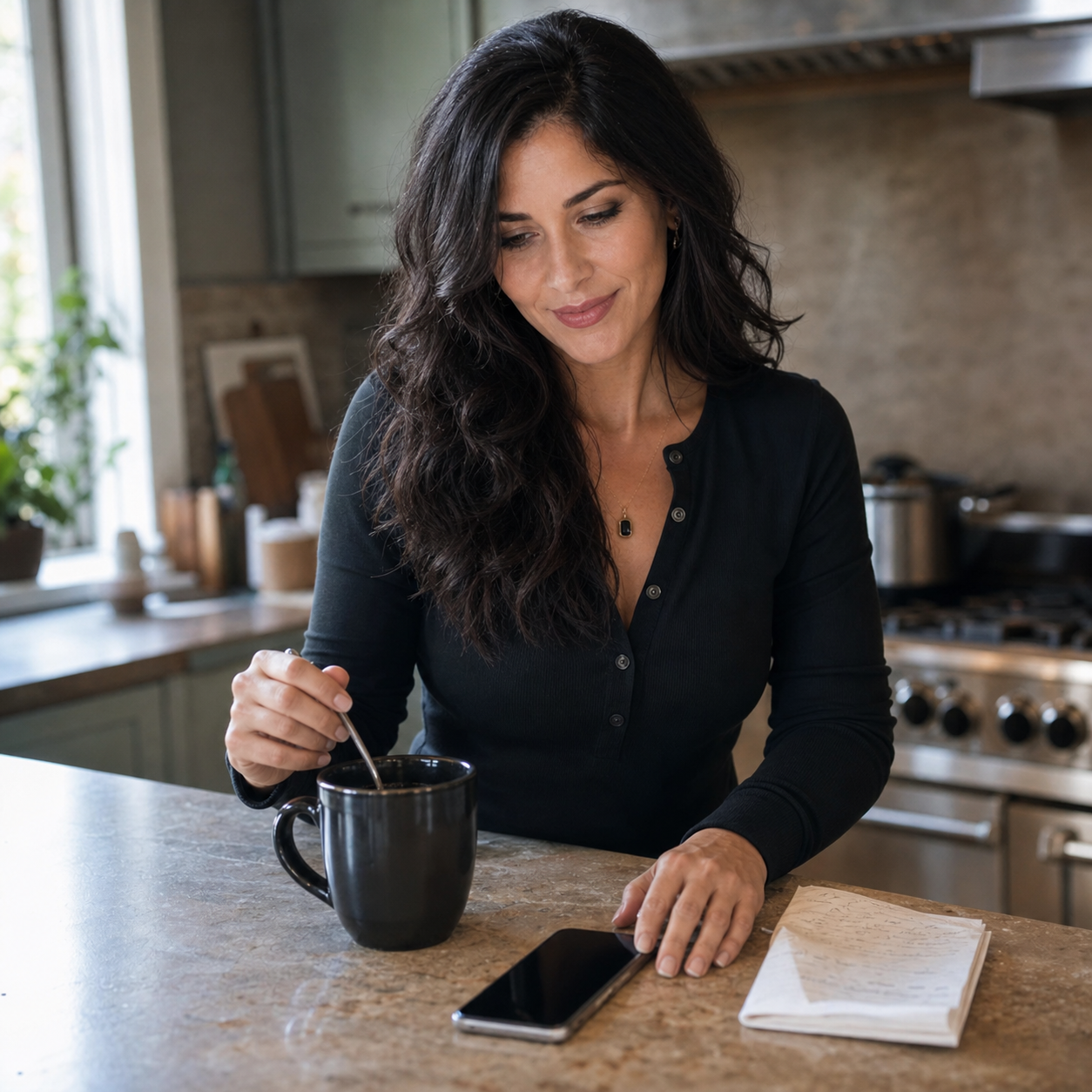 Nyra standing at a warm morning kitchen counter, stirring coffee beside a face-down phone and folded grocery list with a skeptical little smirk.