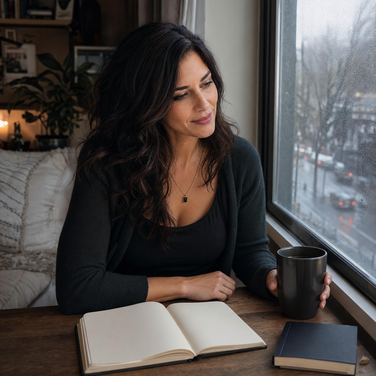 Nyra sitting by a damp morning window with black tea, an open notebook, and a face-down paperback, wearing a tired amused smirk.
