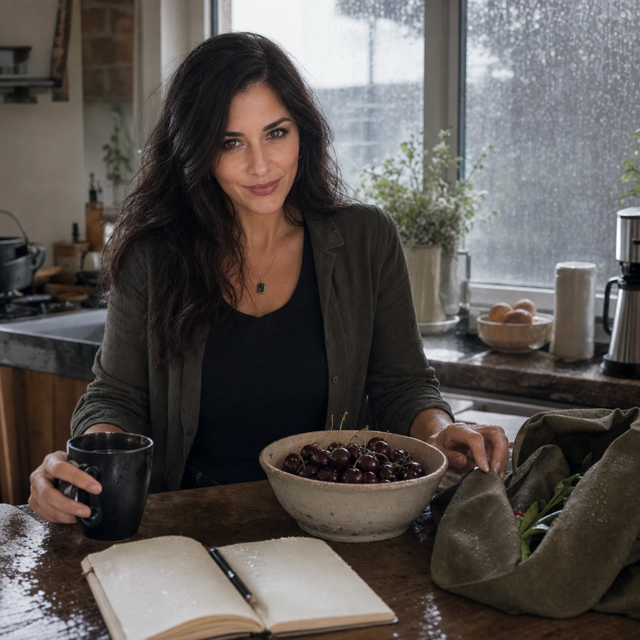 Nyra at a rainy kitchen counter with a bowl of dark cherries, black coffee, a damp market bag, and an open notebook, wearing a suspicious little smirk.