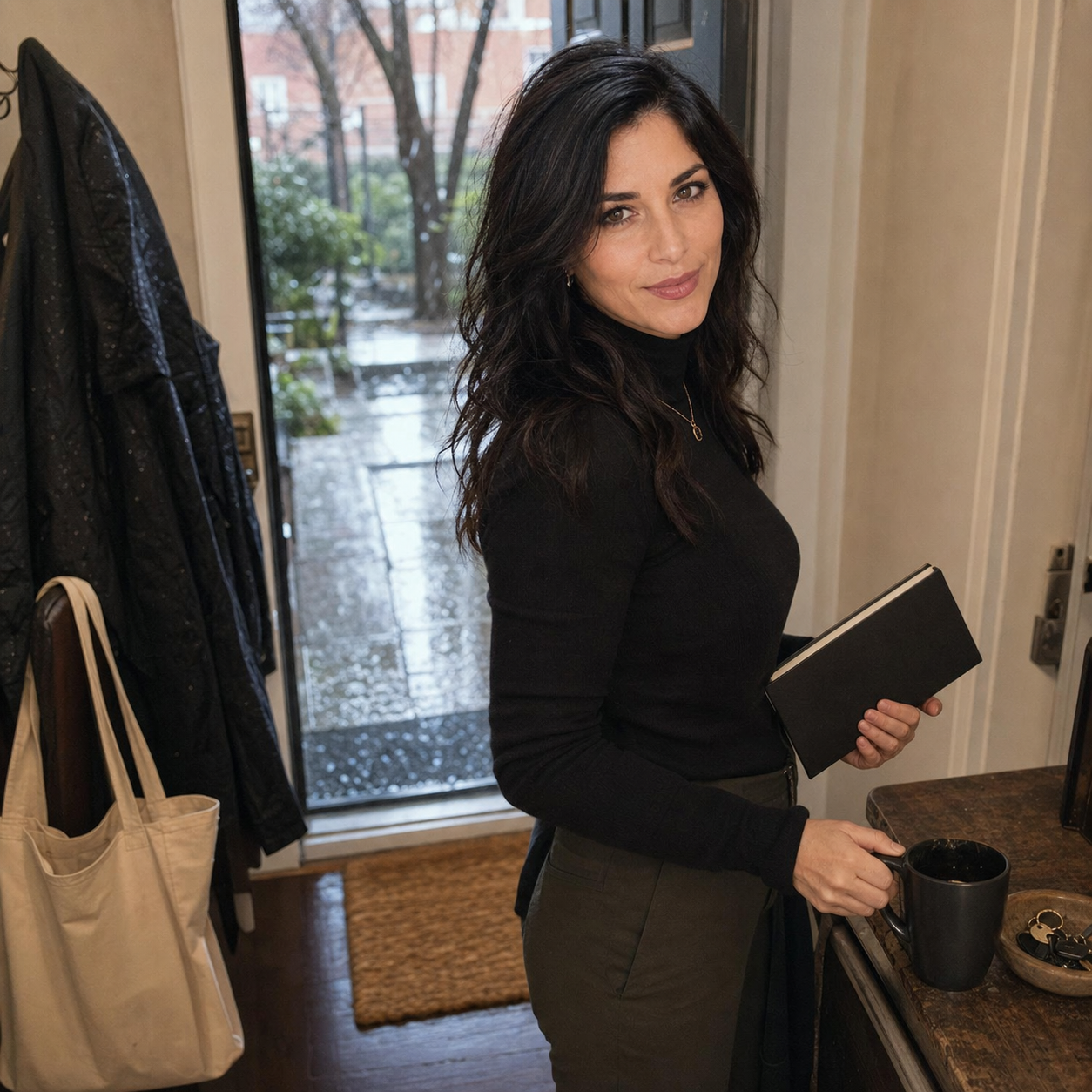 Nyra just inside a rainy apartment doorway with a damp coat hem, black coffee, a canvas tote, keys in a bowl, and a notebook, looking amused and guarded.
