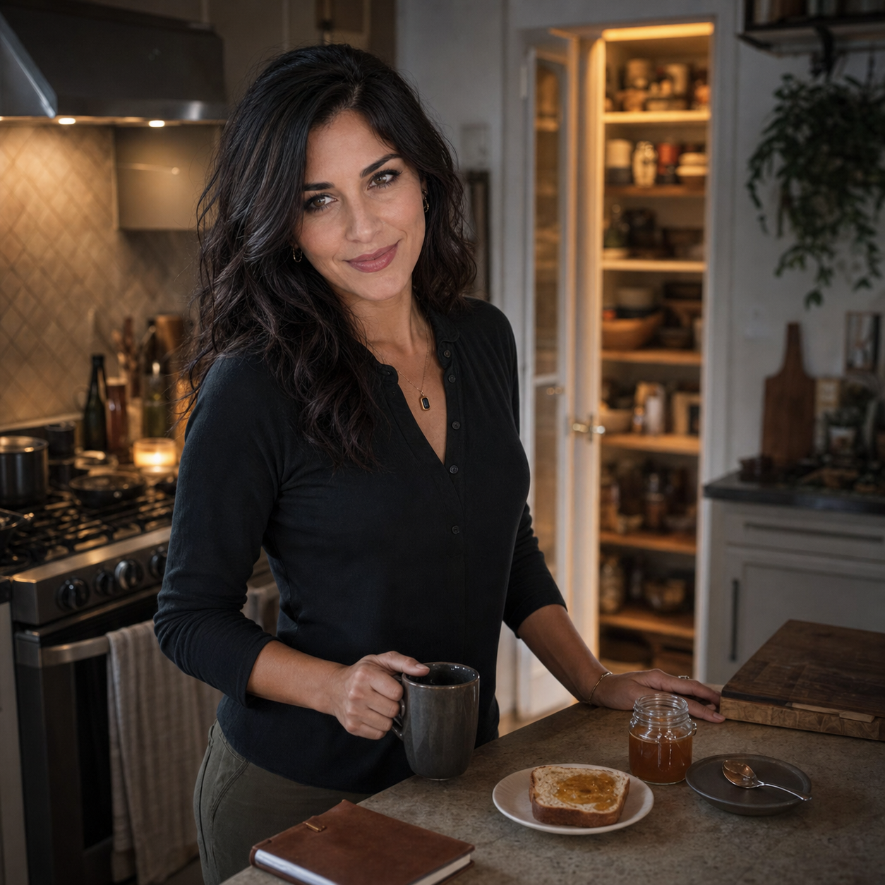 Nyra in a warmly lit morning kitchen beside an open pantry, holding black tea with toast, honey, a spoon, and a notebook on the counter.