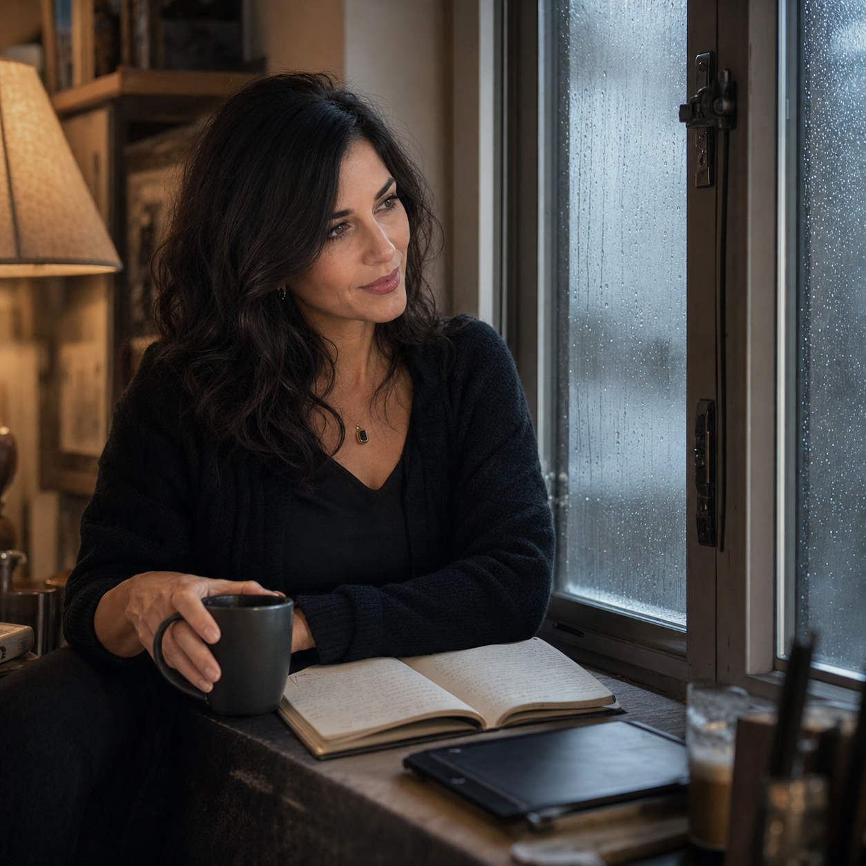 Nyra seated by a rain-streaked window with a coffee mug, open notebook, reading lamp, and dark morning light.