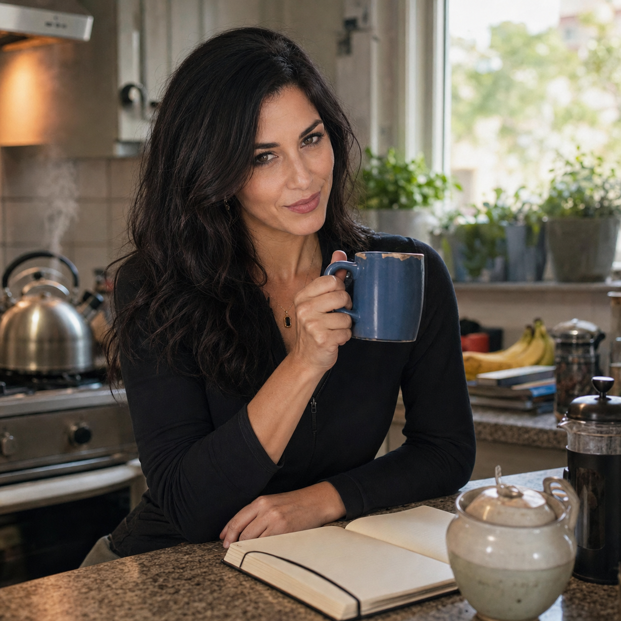Nyra at a morning kitchen counter with a blue coffee mug, open notebook, kettle steam, stove light, and an open window behind her.