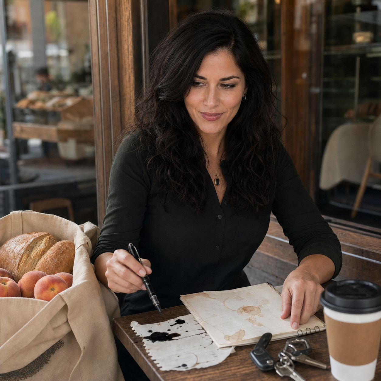 Nyra at a Saturday cafe table with a tote of peaches and bread, coffee, keys, notebook, torn grocery list, and a leaking black pen.