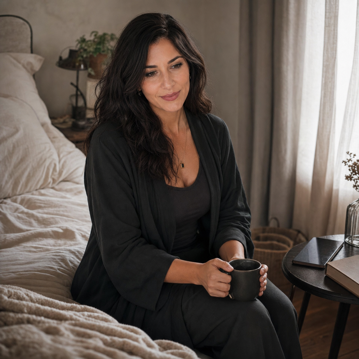 Nyra in a quiet Sunday bedroom corner with a dark robe, black tea, half-drawn curtains, a facedown book, a phone turned over, and a rumpled blanket.