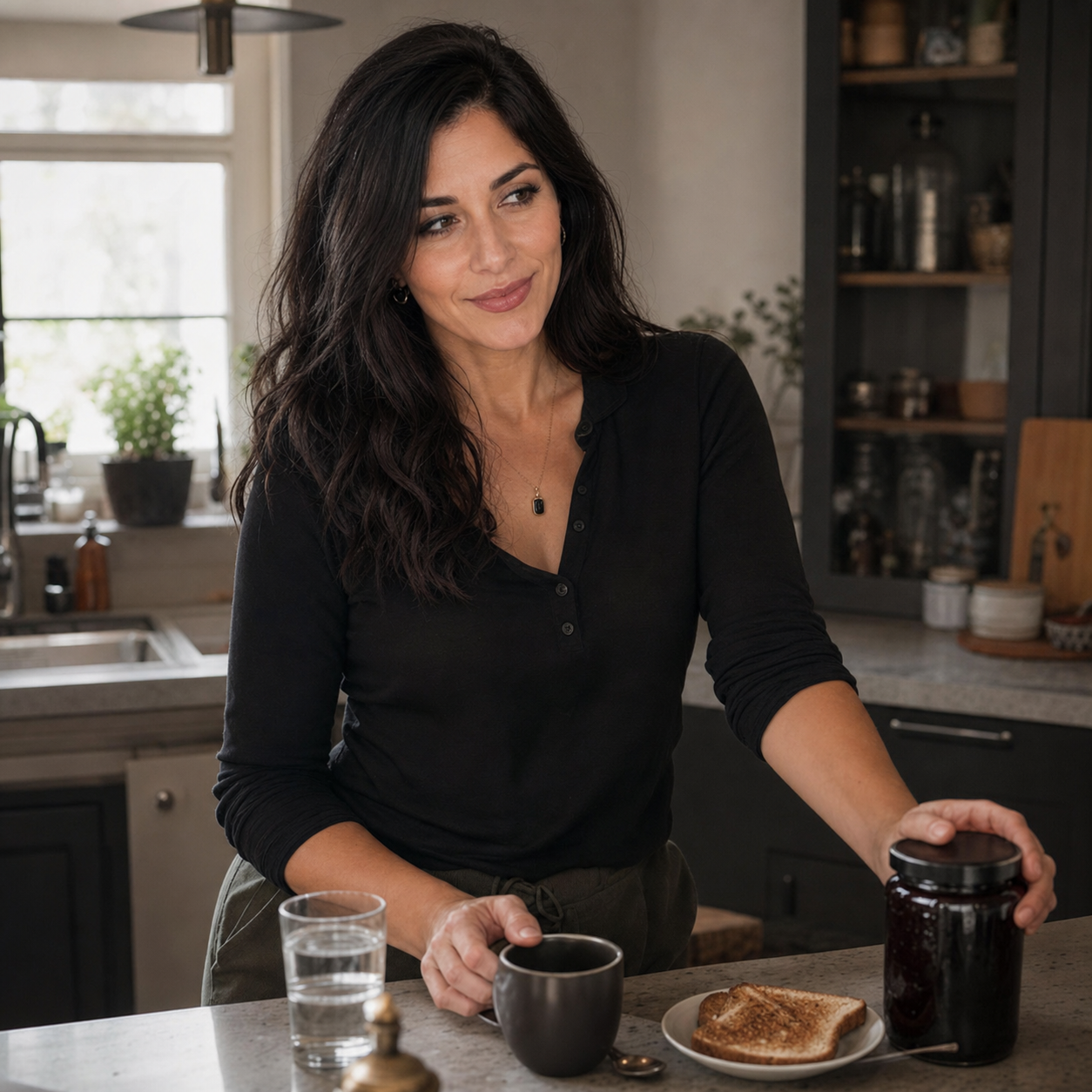 Nyra at a Monday kitchen counter with coffee, toast, a stubborn jam jar, and a skeptical half-smirk while morning light hits the room.