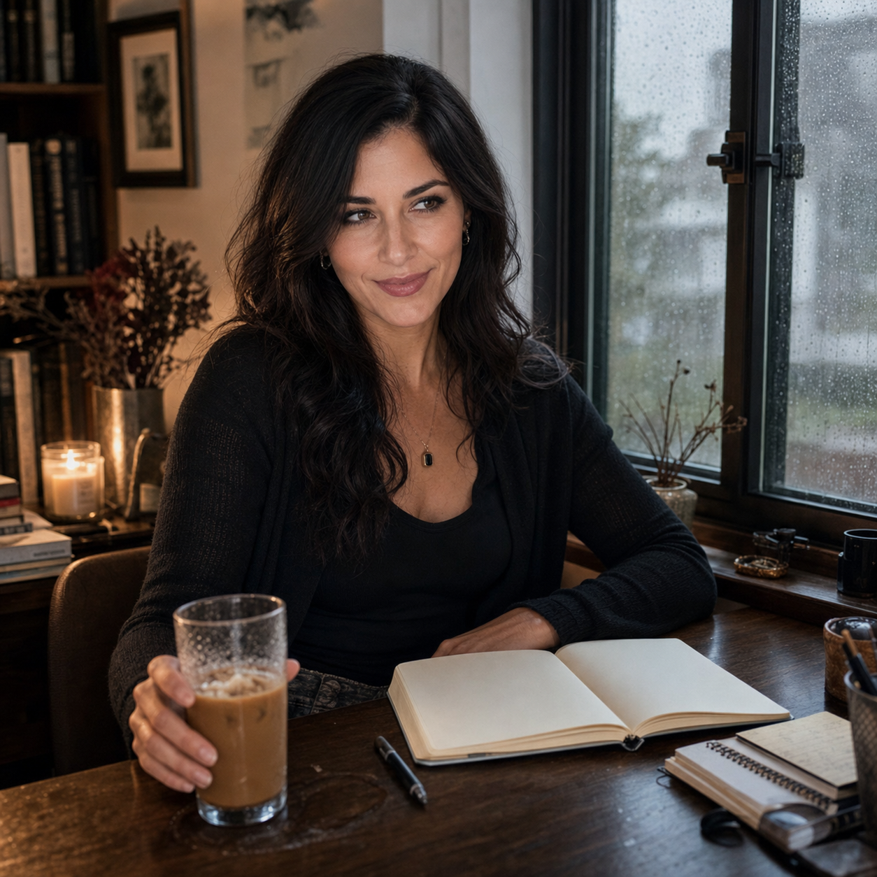 Nyra at a rainy writing desk beside a locked window with iced coffee, a blank notebook, and a restrained conspiratorial half-smirk.