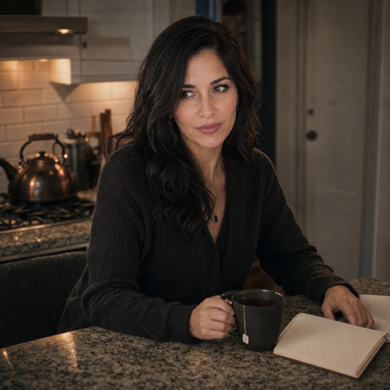Nyra in a dim late-night kitchen with a mug of black tea, an open notebook, kettle glow, and a locked door in the background.