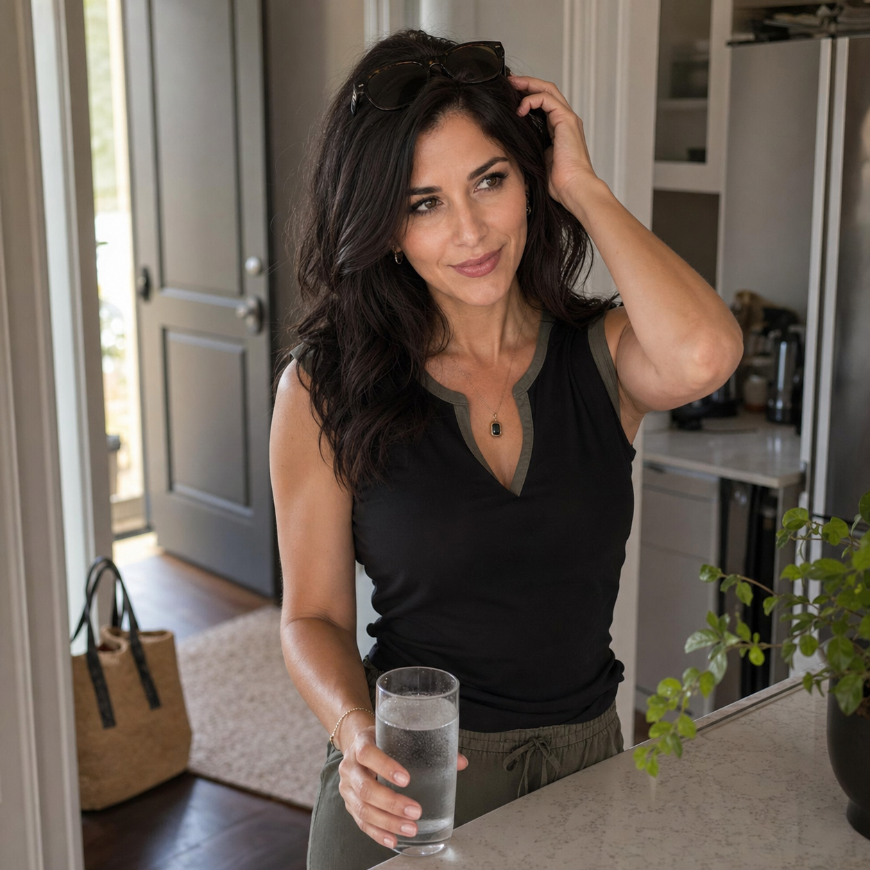 Nyra stands near an apartment threshold after a hot city walk, holding a cold glass of water beside a tote bag and summer-lit kitchen counter.