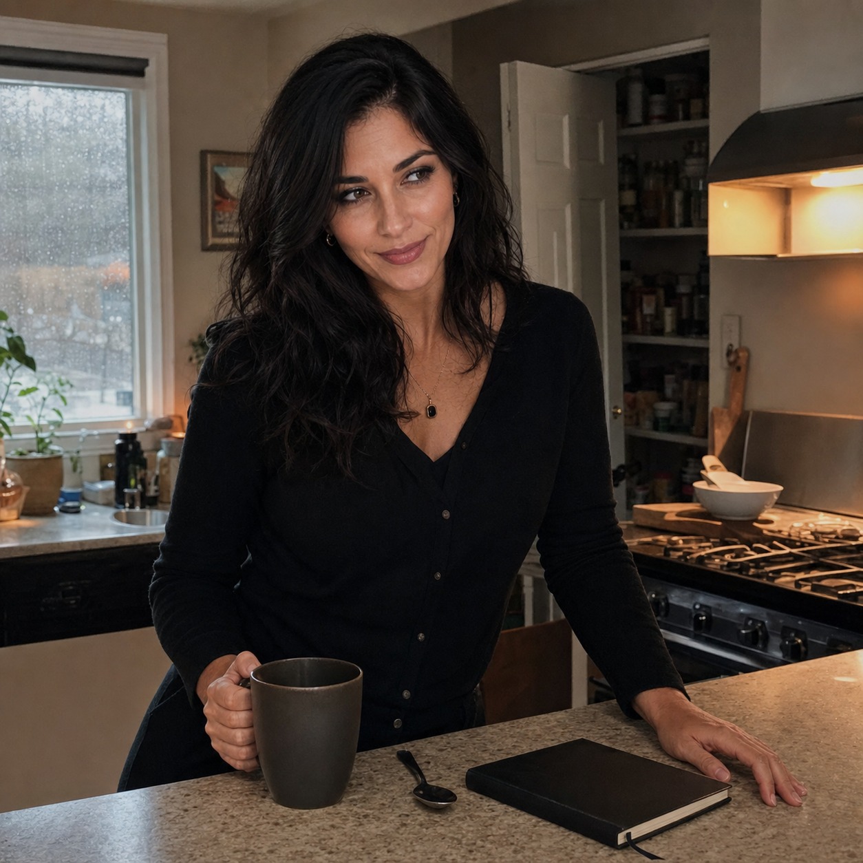 Nyra stands in a softly lit kitchen at Saturday morning stove light, holding a coffee mug near a half-open pantry and a dark notebook on the counter.