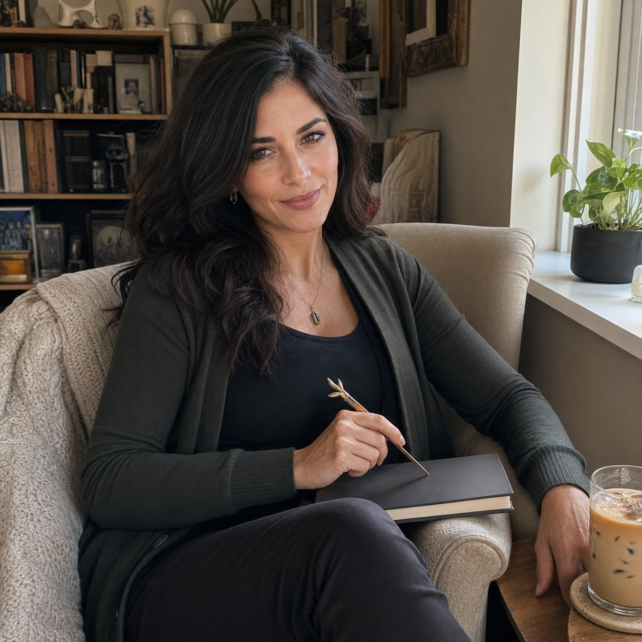 Nyra sits in a cozy Sunday reading chair near a window, holding a slim bookmark over a closed book with iced coffee on the side table.