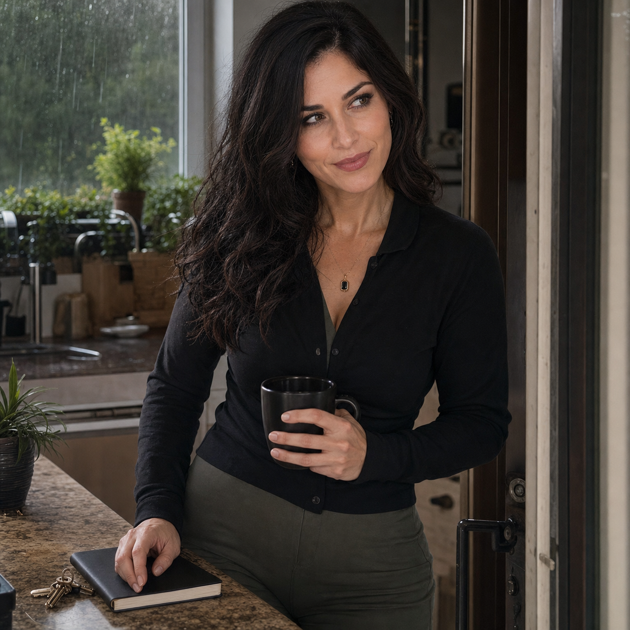 Nyra stands half-turned at a rainy kitchen counter with a black coffee mug, a closed notebook, and a house key near her hand.