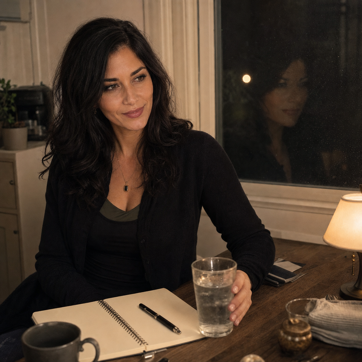 Nyra sits at a late-night kitchen table beside a dark window reflection, a blank notebook, a pen, a lamp, and a glass of water.