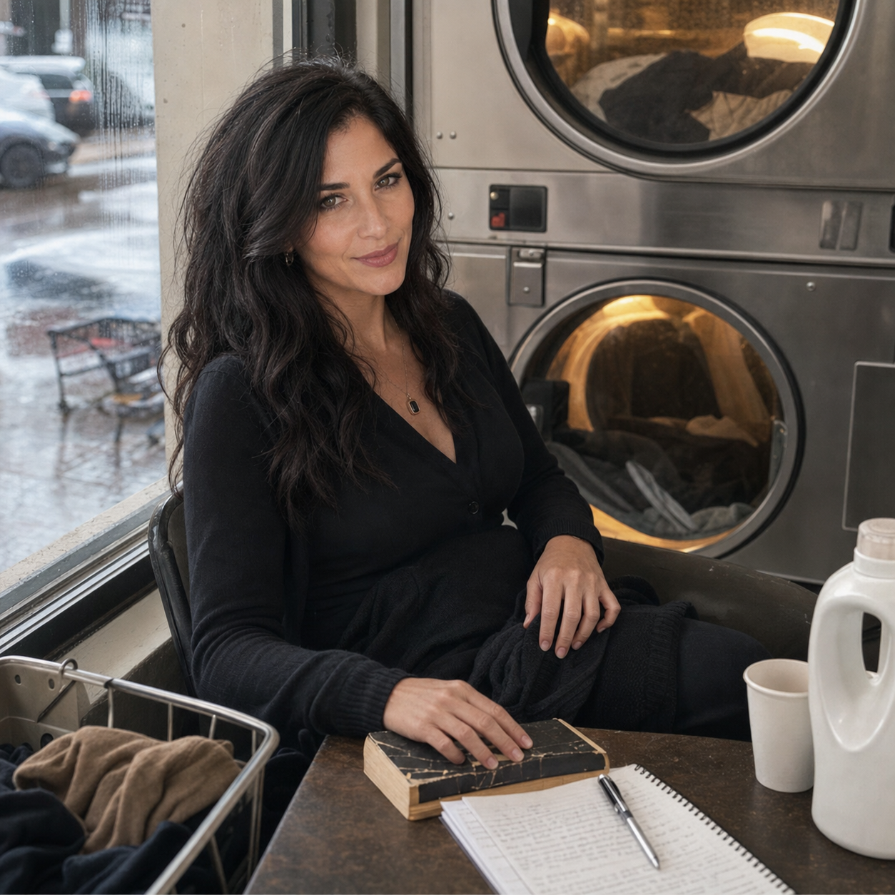 Nyra sits in a warm laundromat beside a dryer by the window, holding a folded black cardigan with a paperback, notebook, and coffee nearby.