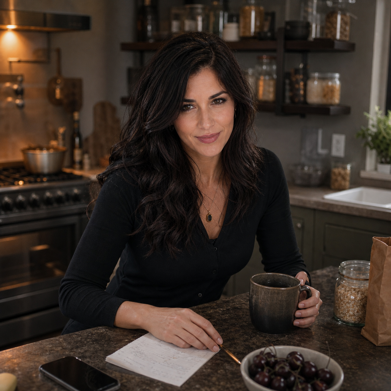 Nyra leans at a kitchen counter with coffee, a grocery list, pantry jars, and a phone face-down nearby, looking amused and assessing in morning light.