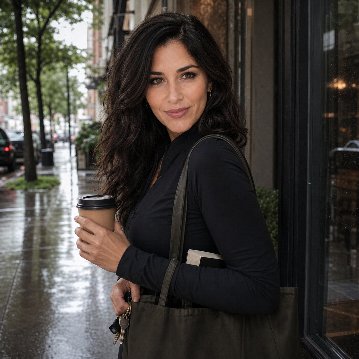 Nyra pauses on a rain-dark city sidewalk with coffee, a tote bag, a paperback, and house keys, looking amused and conspiratorial near a doorway.