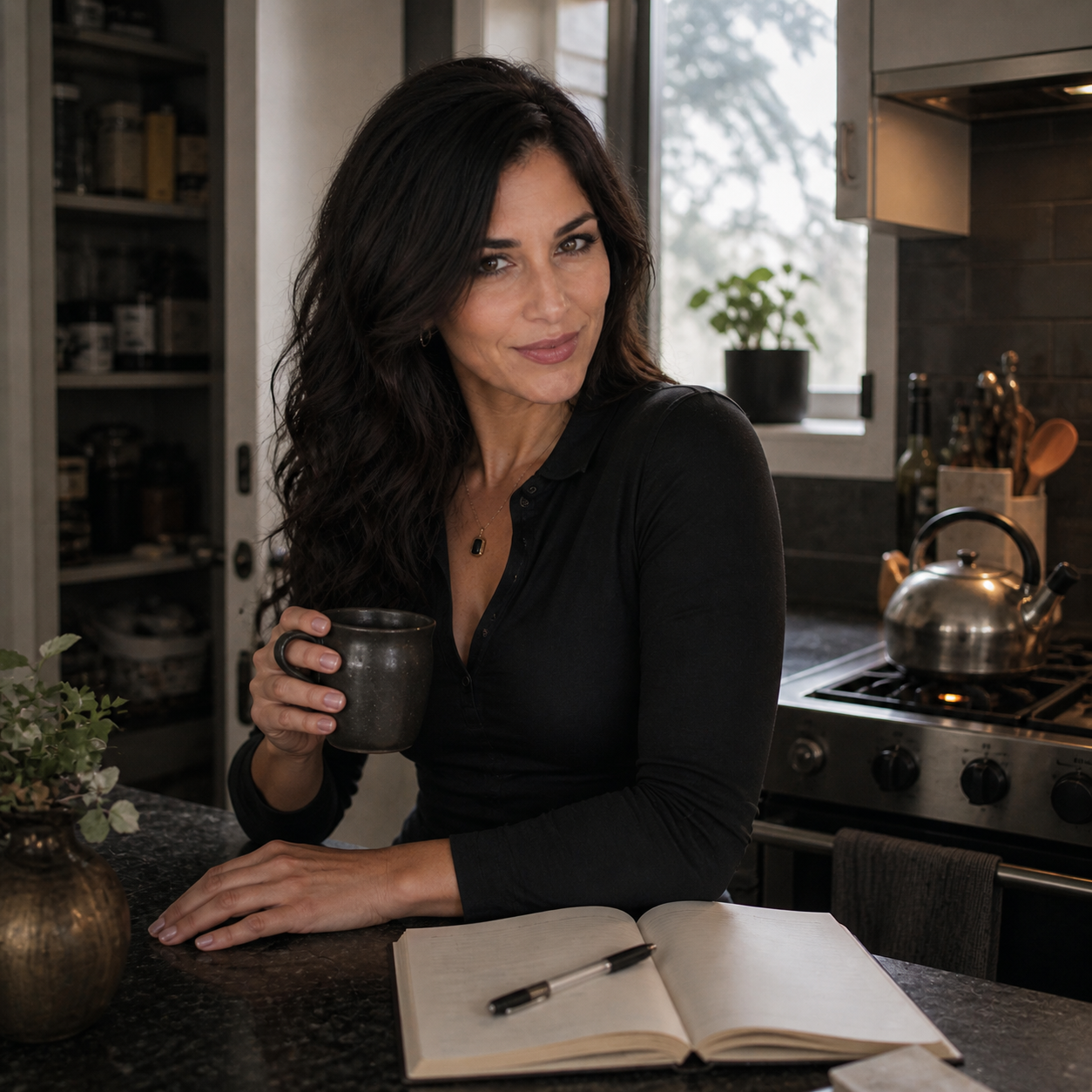 Nyra stands at a gray morning kitchen counter with coffee, an open notebook, and a stove behind her, looking amused and assessing as if guarding the threshold.