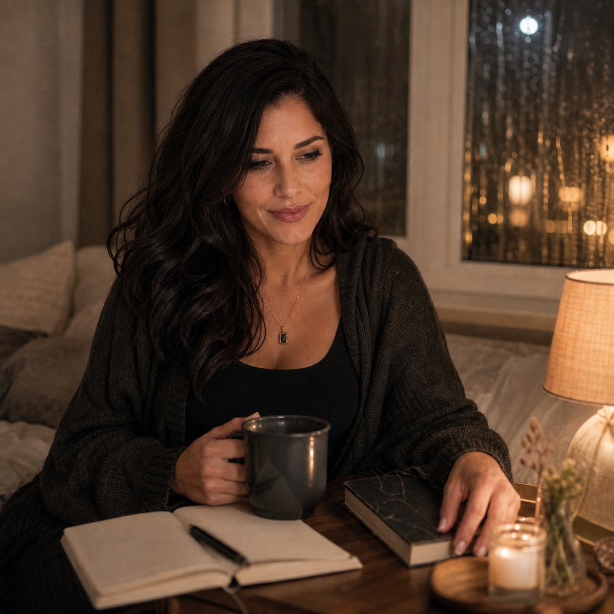 Nyra sits by a rain-streaked window at night with cold tea, a closed paperback, an e-reader, and a notebook on the nightstand, looking tired and amused.