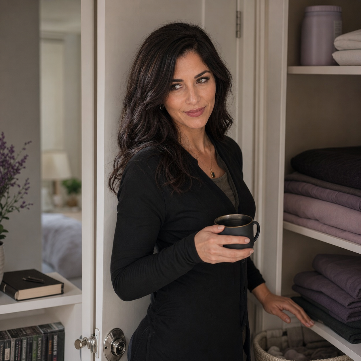 Nyra stands half-turned beside an open linen closet with folded sheets, a coffee mug, a closed book, lavender, and a visible door lock, looking amused and assessing.
